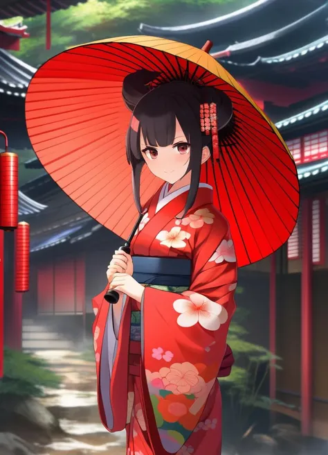 masterpiece, best quality, 2d, anime, waifu, 1girl, wearing kimono, hand holding umbrella, wagasa