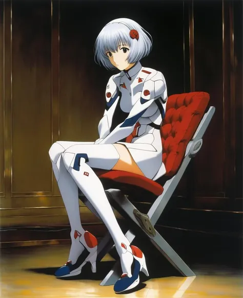 masterpiece, best quality, masterpiece, rei ayanami sitting cross legged on a chair, anime