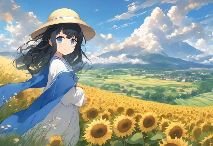 (2d, anime, waifu:1.5), (best quality, masterpiece, official art, beautiful and aesthetic, extremely detailed:1.2), (summer, wind:1.0)
ADDCOMM
(cloudy_sky, sunset, horizon, mountainous_horizon, mountain:1.2)
ADDROW
(1girl, smile, detailed face, nose, l...