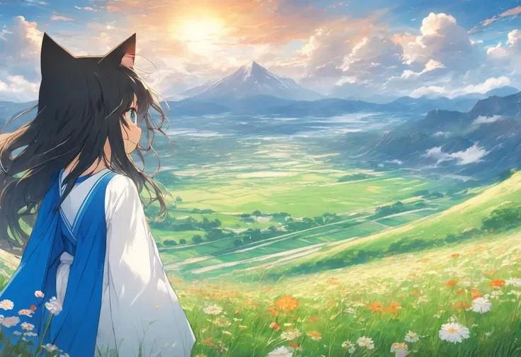 (2d, anime, waifu:1.5), (best quality, masterpiece, official art, beautiful and aesthetic, extremely detailed:1.2), (summer, wind:1.0)
ADDCOMM
(cloudy_sky, sunset, horizon, mountainous_horizon, mountain:1.2)
ADDROW
(1girl, smile, detailed face, nose, l...