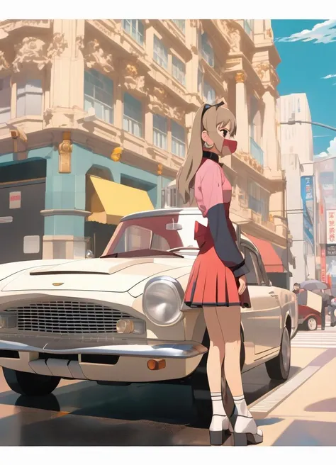 1girl, retro style, standing next classic car, city, masterpiece, ultimate details, (aesthetic:1.5), (2d, anime, waifu:1.5), close up