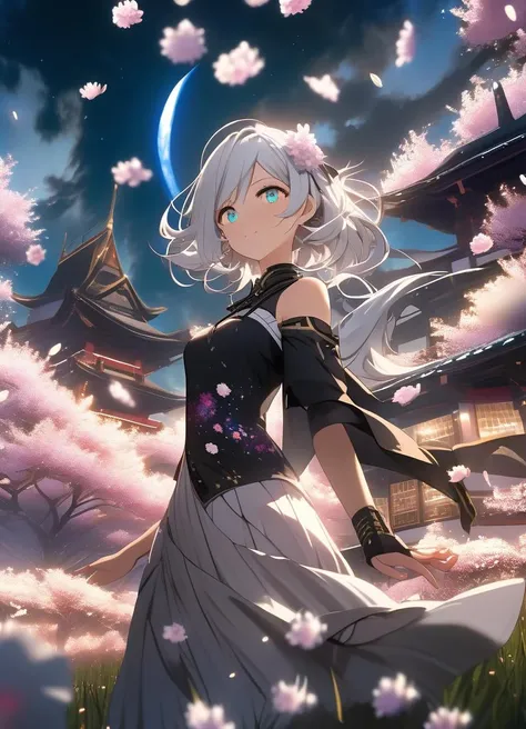 masterpiece, best quality,anime, waifu, aesthetic, 1girl, (colorful),(finely detailed beautiful eyes and detailed face),cinematic lighting,bust shot,extremely detailed CG unity 8k wallpaper,white hair,solo,smile,intricate skirt,((flying petals)),(Flowery m...