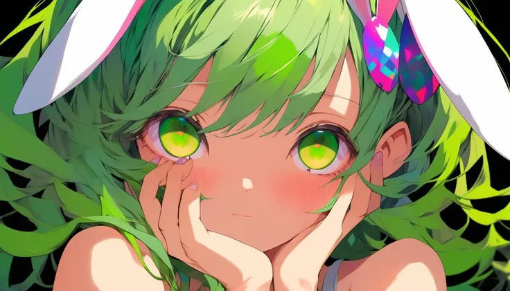 masterpiece, best quality, aesthetic, (1girl), anime, beautiful detailed eyes, looking at viewer, upper body, green hair, shy, bunny ears, very detailed, high resolution, sharp, sharp image, 2d, colorful