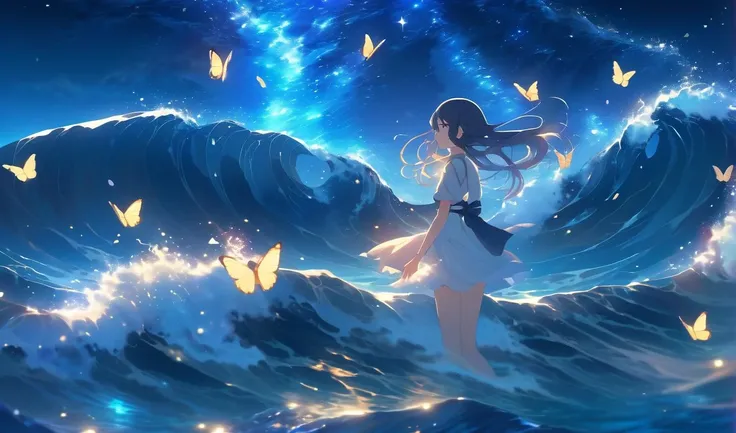 masterpiece, best quality, 2d, anime, waifu, aesthetic, 1girl, mid shot, full body, ocean, sea waves, water splashes effect, light particles, butterflies, night, starry sky, gorgeous