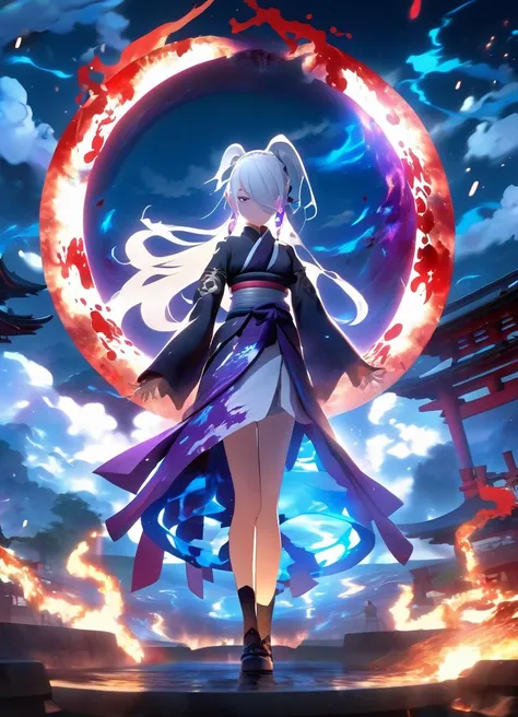 2d, anime, aesthetic, 1girl, japanese clothes, ponytail ,white hair, purple eyes, magic circle, blue fire, blue flames, wallpaper, landscape, blood, blood splatter, depth of field, night, light particles, light rays, sidelightin, genshin impact, open jacke...