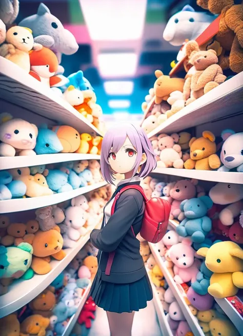 (masterpiece, best quality, anime, 2d), colorful, solo, woman, standing, in a store, with lots of stuffed animals on the shelves, depth of field, fisheye lens, (looking at viewer:1.2), portrait