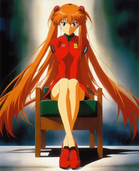 masterpiece, best quality, masterpiece, asuka langley sitting cross legged on a chair, anime