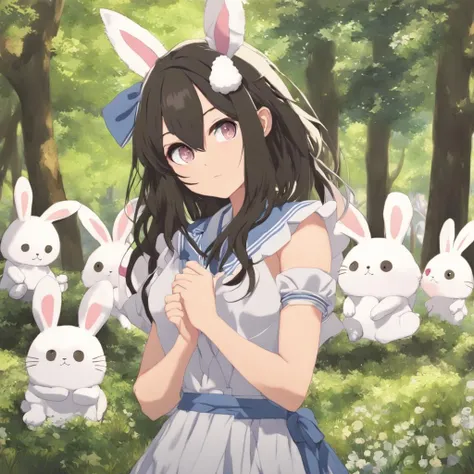 (masterpiece, best quality, 1girl, anime, 2d, waifu, aesthetic:1.5), looking at viewer, upper body, black hair, blush, rabbit ears, outdoors