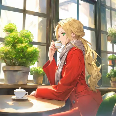 (2d, anime, waifu:1.5), (best quality, masterpiece, official art, beautiful and aesthetic, extremely detailed:1.2), 1girl, (green_eyes, blonde_hair, long_hair, single_braid, from_side, looking_at_viewer, close-up, eye_focus:1.1), (red_coat, coat, double-br...