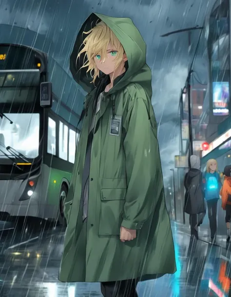 (2d, anime, waifu:1.5), (best quality, masterpiece, official art, beautiful and aesthetic, extremely detailed:1.2), 1boy, (green_eyes, blonde_hair, medium_hair:1.1), (raincoat, hood_up, jeans:1.3), (bus_stop, standing, waiting for bus:1.3), (rain, cloudy_s...