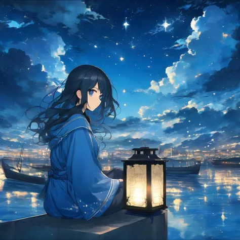 (2d, anime, waifu:1.5), (best quality, masterpiece, official art, beautiful and aesthetic, extremely detailed:1.2), (cloud, cloudy_sky, starry_sky, night_sky, night, horizon:1.2), (ocean, waves, harbor, sailboat:1.2), (1girl, black_hair, short_hair, long_b...