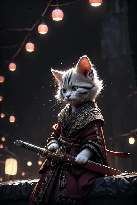 a close up of a cat dressed in a costume holding a sword