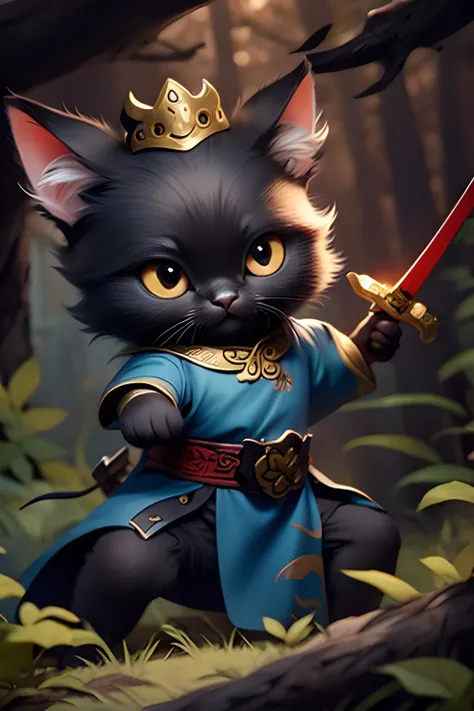 <lora:~Q?-Yvs+ kitten:1.1>,kitten,black kitten wearing chinese clothes,blue chinese dress,holding_sword,holding_sheath,fighting,fighting_stance,scar_across_eye,in maple forest,