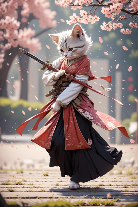 Best quality, masterpiece, ultra high res, raw photo, beautiful and aesthetic,deep shadow, dark theme,(photorealistic:1.4),
White kitten, Hanfu, Chinese calligraphy, chinese clothes, holding weapon, holding sword, sakura,
Graceful poise, evocative atmosphe...