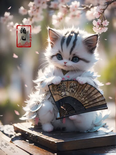 there is a cat that is sitting on a table with a fan