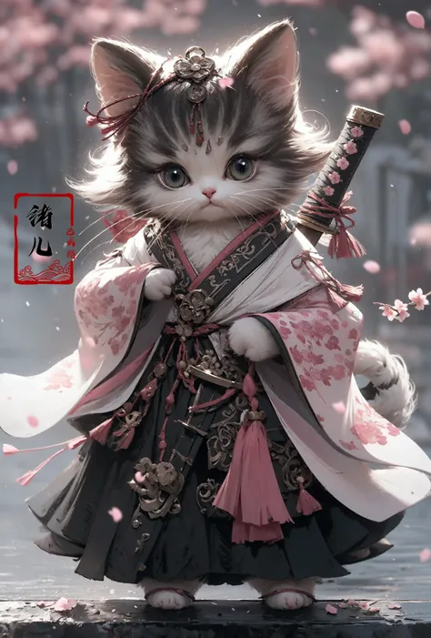 a close up of a cat wearing a costume and holding a sword