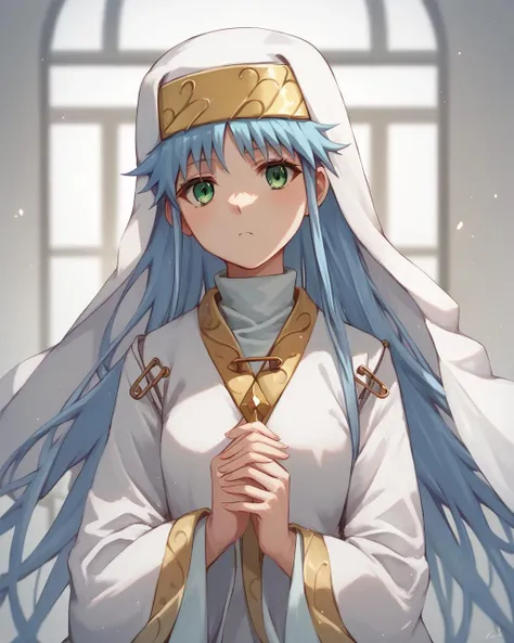 score_9, score_8_up, score_7_up,
 <lora:Index_Librorum_Prohibitorum_PONY:1>,index librorum prohibitorum, index (toaru majutsu no index), 1girl, solo, long hair, green eyes,blue hair, nun, long sleeves, alternate hair color, white robe,