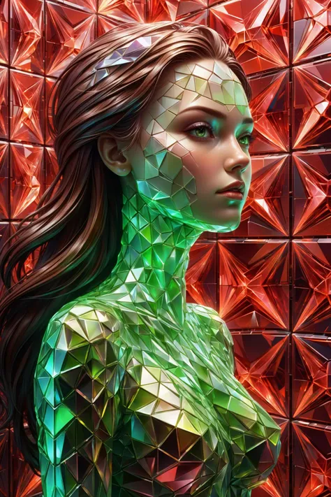 mural made of glowing crystal tiles, woman made completely of tiles, scifi, masterpiece, by ivan marchuk, 3d tiles, 3d shadows, neon red, neon green background <lora:EnvyCrystalXL01:0.6>, (masterpiece:1.2), best quality, (hyperdetailed, highest detailed:1....