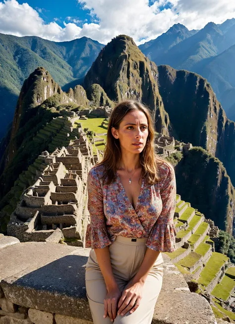 A stunning intricate full color portrait of (sks woman:1) in Machu Picchu, with the ancient ruins in the foreground, wearing Bell-sleeve blouse and culottes, epic character composition, sharp focus, natural lighting, subsurface scattering, f2, 35mm, film g...