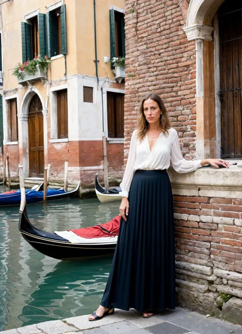 A stunning intricate full color portrait of (sks woman:1) in Venice, at the St. Marks Square, wearing Boho maxi skirt and lace blouse, epic character composition, sharp focus, natural lighting, subsurface scattering, f2, 35mm, film grain, , by Edward Westo...