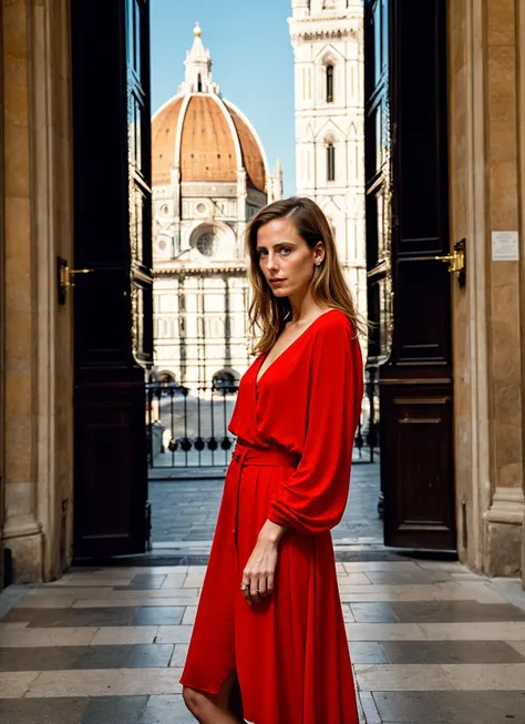 arafed woman in red dress standing in front of a large building