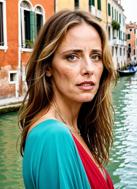 woman in red and blue dress standing in front of a canal