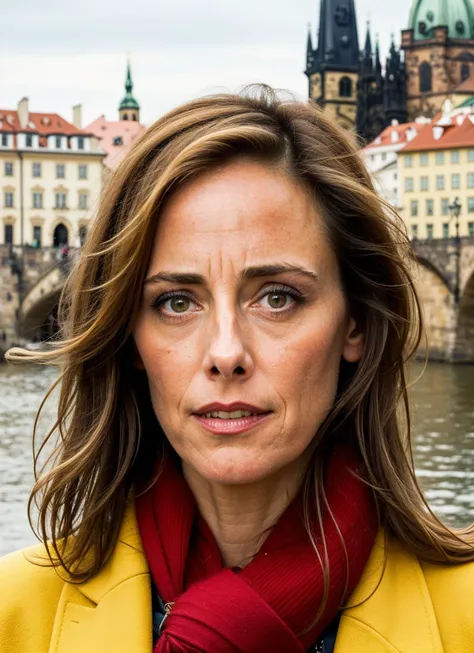 woman with long hair and yellow coat standing in front of a river