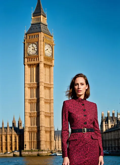 arafed image of a woman in a red dress standing in front of a clock tower