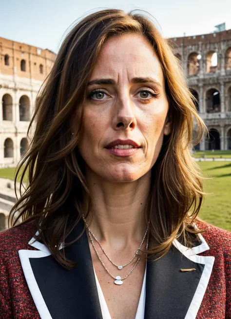 a close up of a woman with a necklace on her neck