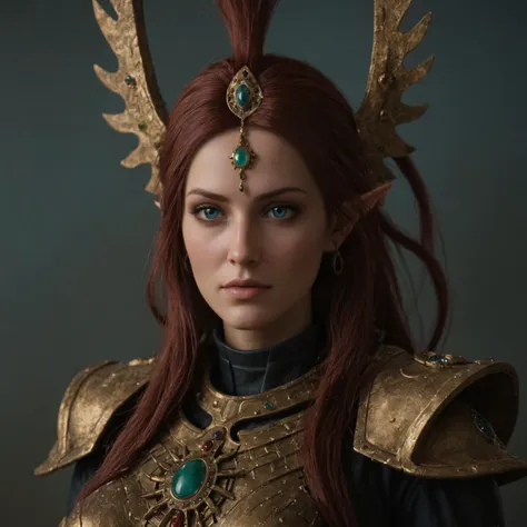 a close up of a woman with a gold armor and horns