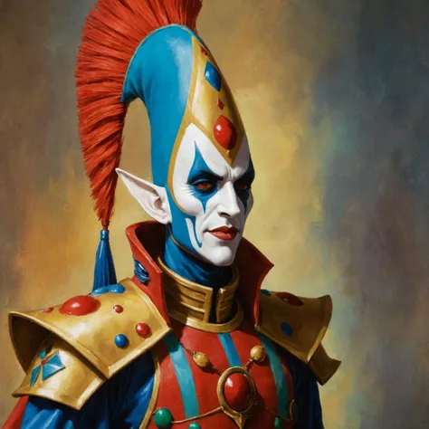 a close up of a painting of a clown with a red mohawk