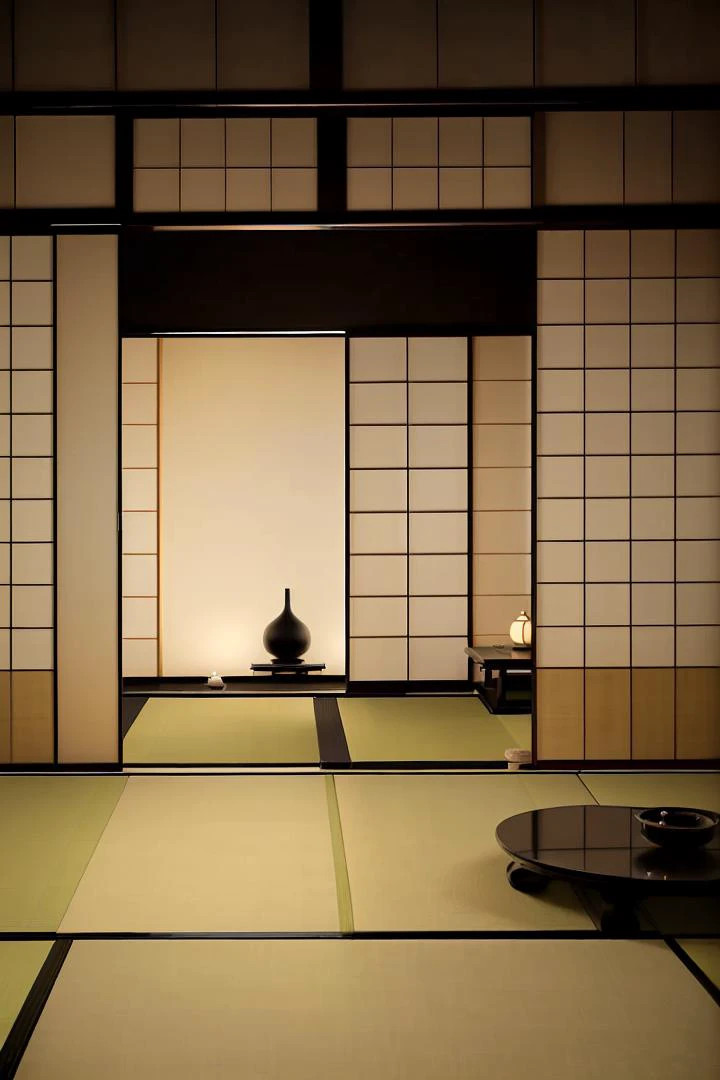 dark night 
( Step into a traditional Japanese tearoom, with its tatami flooring, sliding doors, and minimalist aesthetic, offering a serene space for tea ceremonies and reflection :1.3),