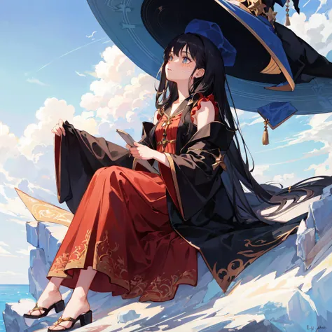 anime girl sitting on a rock with a large umbrella