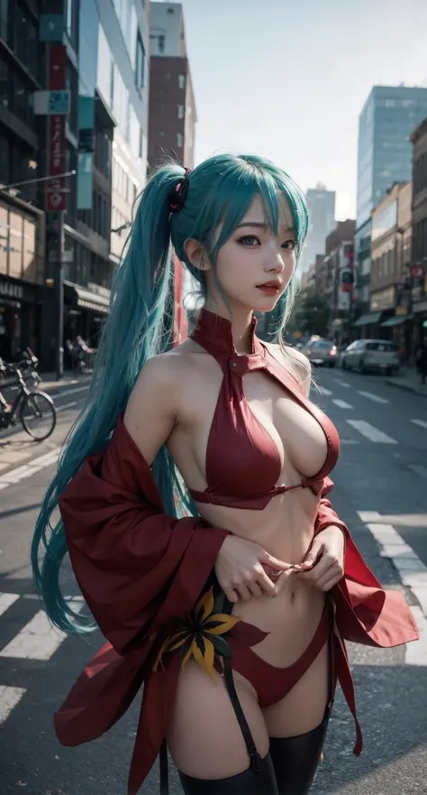 hatsune miku,  outfit-inori, hug,1girl, solo,green eyes, breasts, large breasts, cityscape,  <lora:outfit-inori-pynoise:1>