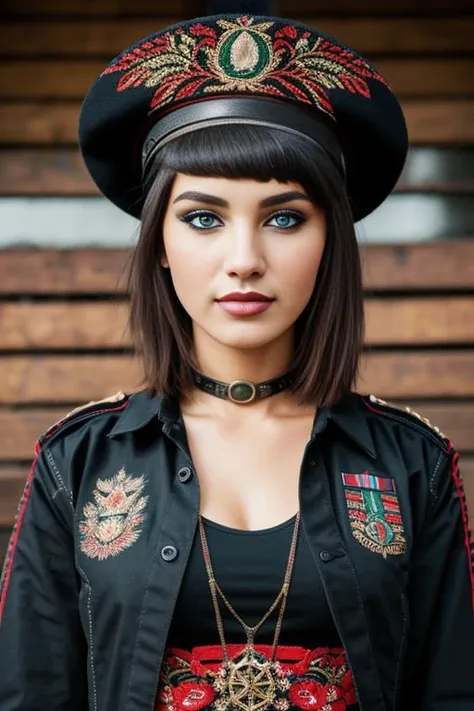 a woman in a black hat and red dress posing for a picture