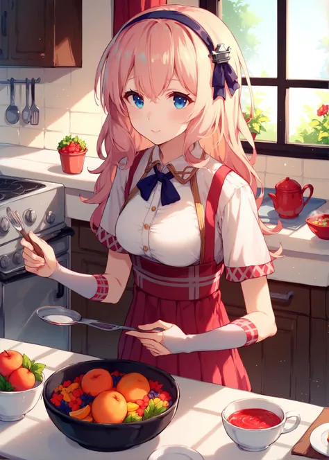 OverallDetail-SDXL, score_9, score_8_up, score_7_up, score_6_up, score_5_up, score_4_up, source_anime
BREAK solo, leander (azur lane), beautiful adult woman, hairband, petite
BREAK kitchen in a cozy cottage, cutlery, fruit and vegetables, bowls, cups, wood...