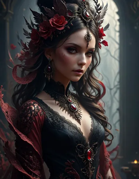 Capture the ethereal presence of a powerful goddess of blood standing before an altar of sacrifice. Emphasize her deep open wounds bleeding profusely, ornamental headgear made of bones and flesh, iron jewellery, and beautiful bright violet eyes without iri...