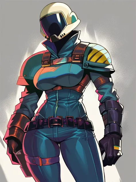 a drawing of a woman in a blue suit and helmet