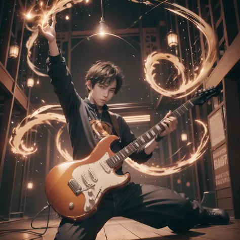 1boy, solo,  man playing guitar, arm up, (electric guitar),  simple background, looking at viewer, 
<lora:magic_fighting_512_15:...