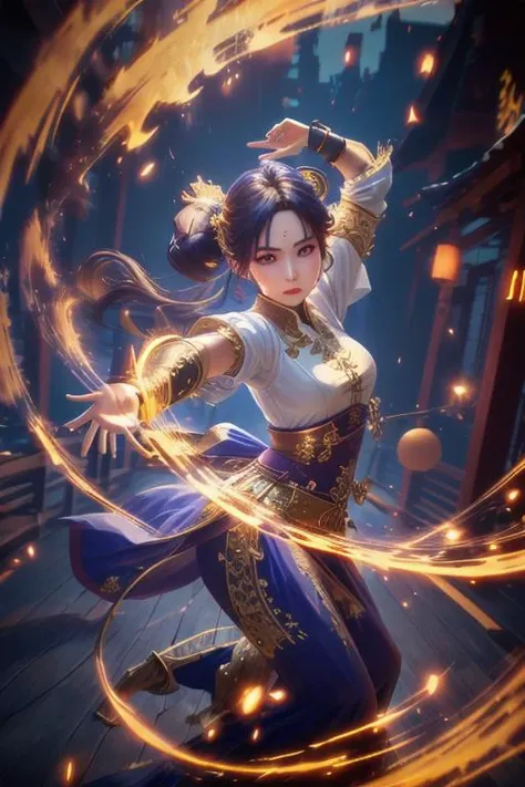 a woman in a blue outfit is holding a ball and a fire