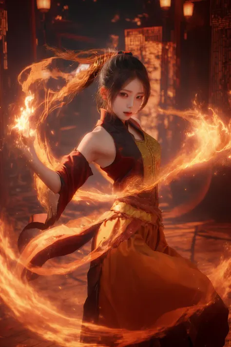 orang-aura,using orang-magic,orang-magic,ancient-costume,dancing,solo,1girl,fire,long hair,ponytail,<lora:magic_fighting_512_15:...