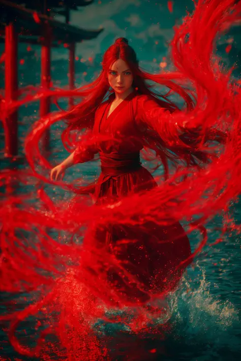 a woman in a red dress is standing in the water