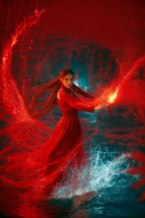 a woman in a red dress is holding a glowing ball