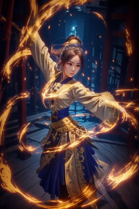 a woman in a blue dress is holding a fire ring