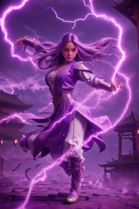 a woman in a purple outfit is holding a lightning bolt