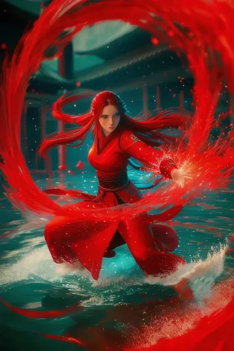 a woman in red is standing in the water with a red fire ring