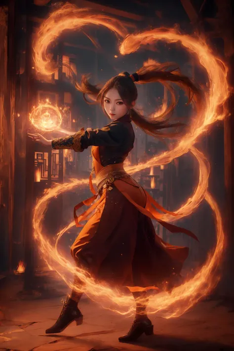 a woman in a long dress holding a fire ball