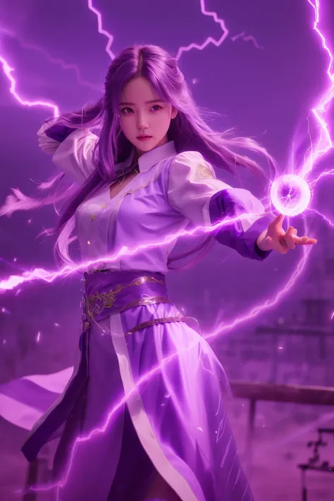 a woman in a purple outfit holding a lightning ball