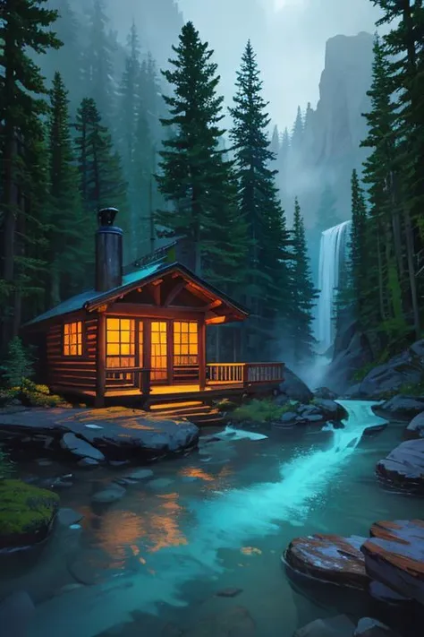 a cabin in the woods with a waterfall and a waterfall