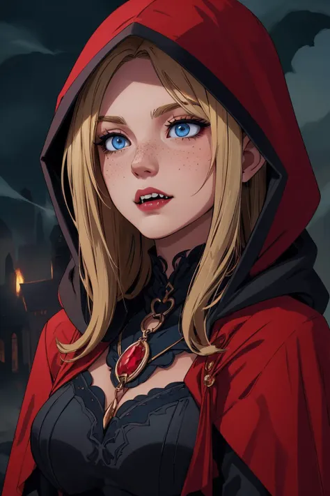 a woman in a red cape and black dress with blue eyes